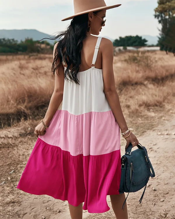 Chic / Beautiful Spring Summer Street Wear Ocean Blue Patchwork Women Dresses 2021 Spaghetti Straps Loose Sleeveless