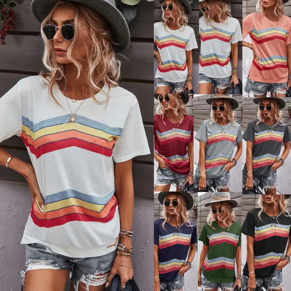 Fashion Spring Summer Candy Pink Street Wear Multi-Colors Striped T-Shirts 2021 Cotton Scoop Neck Loose Short Sleeve Women Tops