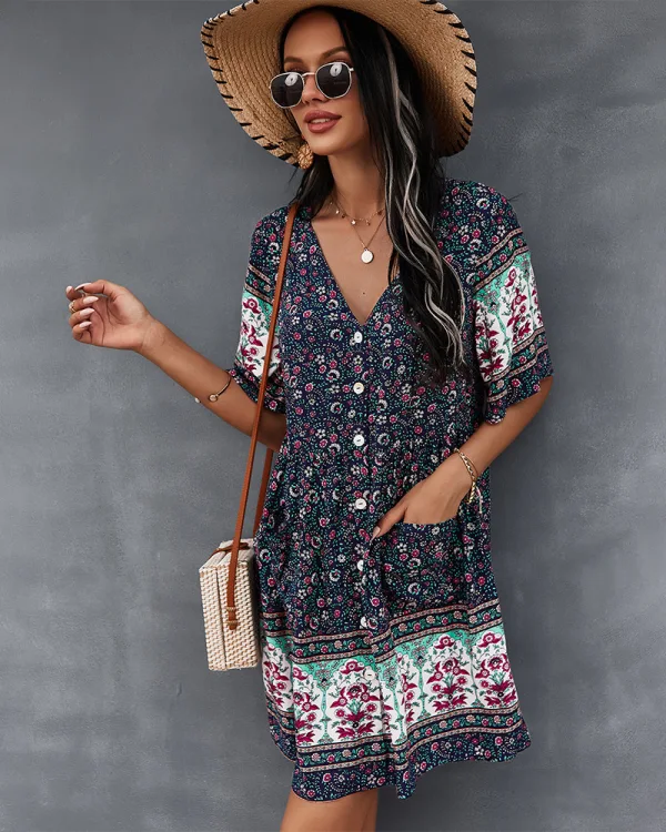 Bohemia Spring Summer Resort Wear Khaki Floral Women Dresses 2021 V-Neck Short Sleeve Loose