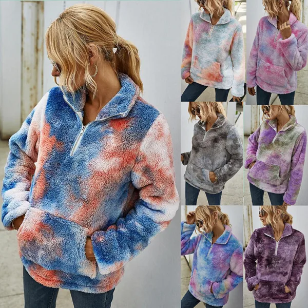 Fashion Winter Fall Street Wear Multi-Colors Tie-dye Suede Coats & Jackets 2021 Lapel  Long Sleeve Loose Women Tops
