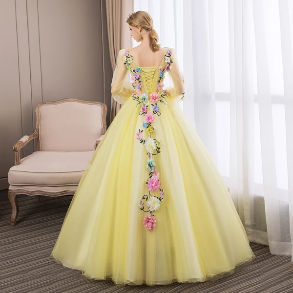 Affordable Flower Fairy Yellow Prom Dresses 2018 Ball Gown Appliques V-Neck Backless 3/4 Sleeve Floor-Length / Long Formal Dresses