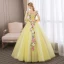 Affordable Flower Fairy Yellow Prom Dresses 2018 Ball Gown Appliques V-Neck Backless 3/4 Sleeve Floor-Length / Long Formal Dresses