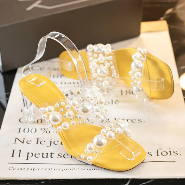 Sexy Yellow Street Wear Pearl Womens Sandals 2021 6 cm Crystal Thick Heels Open / Peep Toe Sandals High Heels