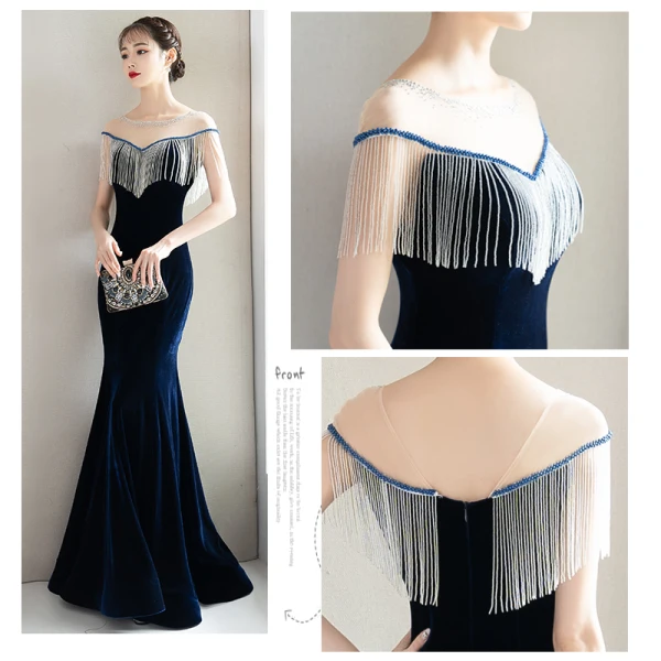 Elegant Navy Blue Evening Dresses 2018 Trumpet / Mermaid Beading Tassel Suede Scoop Neck Backless Short Sleeve Floor-Length / Long Formal Dresses