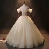 Charming Ball Gown Quinceañera Champagne Flower Prom Dresses 2024 Spaghetti Straps Floor-Length / Long Tulle Formal Dresses