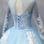 Chic / Beautiful Pool Blue Quinceañera Prom Dresses 2018 Ball Gown Lace Appliques Beading High Neck Backless Long Sleeve Floor-Length / Long Formal Dresses
