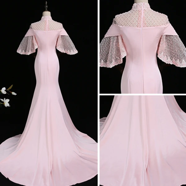 Vintage / Originale Rose Bonbon Transparentes Robe De Soirée 2018 Trompette / Sirène Col Haut 3/4 Manches Perlage Tribunal Train Volants Dos Nu Robe De Ceremonie