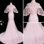 Vintage / Originale Rose Bonbon Transparentes Robe De Soirée 2018 Trompette / Sirène Col Haut 3/4 Manches Perlage Tribunal Train Volants Dos Nu Robe De Ceremonie