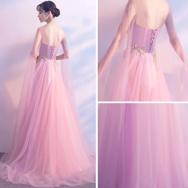 Elegante Candy Roze Doorzichtige Avondjurken 2018 A lijn Ronde Hals Mouwloos Appliques Kant Kralen Watteau Train Ruche Ruglooze Gelegenheid Jurken