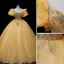 Elegant Champagne Beading Pearl Sequins Prom Dresses 2022 Ball Gown Scoop Neck Short Sleeve Backless Floor-Length / Long Formal Dresses