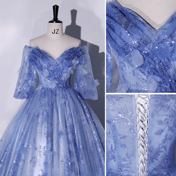 Chic / Beautiful Ocean Blue Appliques Sequins Prom Dresses 2022 Ball Gown Off-The-Shoulder Short Sleeve Backless Floor-Length / Long Formal Dresses