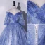Chic / Beautiful Ocean Blue Appliques Sequins Prom Dresses 2022 Ball Gown Off-The-Shoulder Short Sleeve Backless Floor-Length / Long Formal Dresses