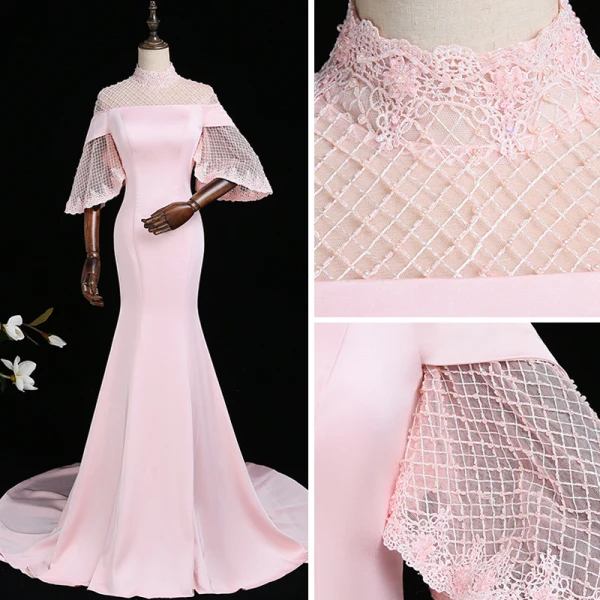 Vintage / Originale Rose Bonbon Transparentes Robe De Soirée 2018 Trompette / Sirène Col Haut 3/4 Manches Perlage Tribunal Train Volants Dos Nu Robe De Ceremonie