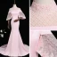 Vintage / Originale Rose Bonbon Transparentes Robe De Soirée 2018 Trompette / Sirène Col Haut 3/4 Manches Perlage Tribunal Train Volants Dos Nu Robe De Ceremonie
