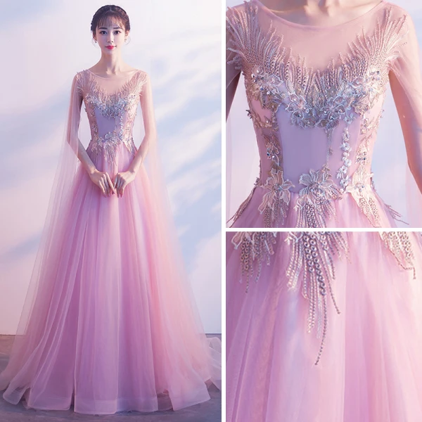 Elegante Candy Roze Doorzichtige Avondjurken 2018 A lijn Ronde Hals Mouwloos Appliques Kant Kralen Watteau Train Ruche Ruglooze Gelegenheid Jurken