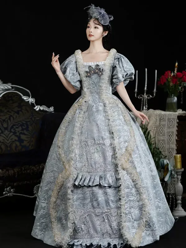 Vintage / Retro Medieval Sky Blue Pearl Flower Prom Dresses 2024 Floor-Length / Long Lace U-Neck A-Line / Princess Ball Gown Cosplay Prom Formal Dresses