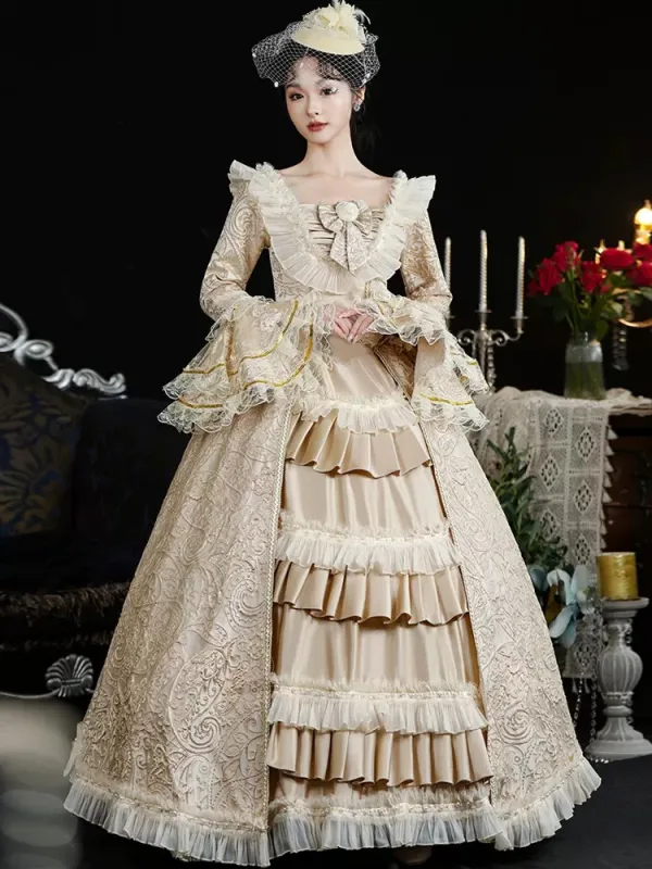 Vintage / Retro Medieval Champagne Prom Dresses 2024 3D Lace Printing Floor-Length / Long U-Neck Long Sleeve Ball Gown Cosplay Prom Formal Dresses