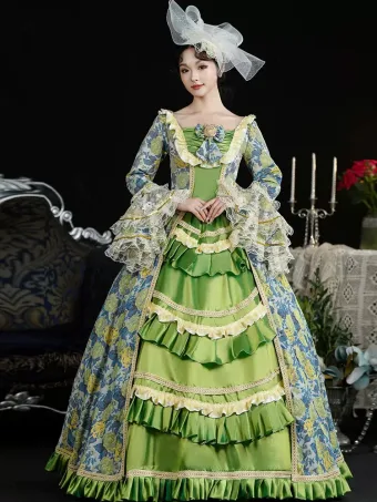 Vintage Retro Medieval Lime Green Floral Prom Dresses 2024 Printing Floor Length Long Lace Cosplay Long Sleeve A Line Princess Ball Gown Prom Formal Dresses