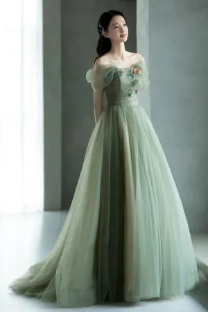 Chic Belle Vert Cendré Appliques Robe De Bal 2024 Princesse De L Épaule Sans Manches Dos Nu Laçage Longue Promo Robe De Ceremonie