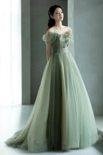 Chic Beautiful Sage Green Appliques Prom Dresses 2024 A Line Princess Off The Shoulder Sleeveless Backless Lace Up Floor Length Long Prom Formal Dresses