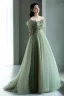 Chic / Beautiful Sage Green Appliques Prom Dresses 2024 A-Line / Princess Off-The-Shoulder Sleeveless Backless Lace Up Floor-Length / Long Prom Formal Dresses