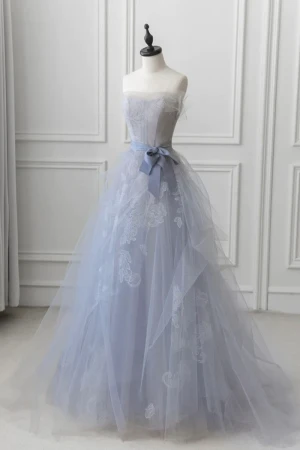 Charming Grey Lace Flower Formal Dresses 2024 A Line Princess Strapless Sleeveless Backless Bow Sash Floor Length Long Prom Prom Dresses