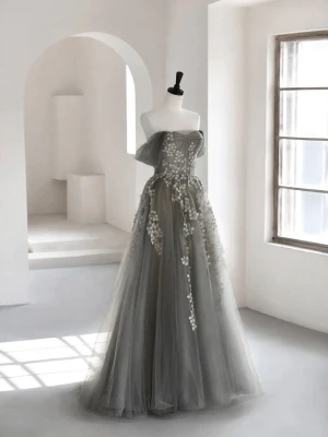 Chic Beautiful Grey Lace Flower Prom Dresses 2024 A Line Princess Strapless Sleeveless Backless Floor Length Long Formal Dresses