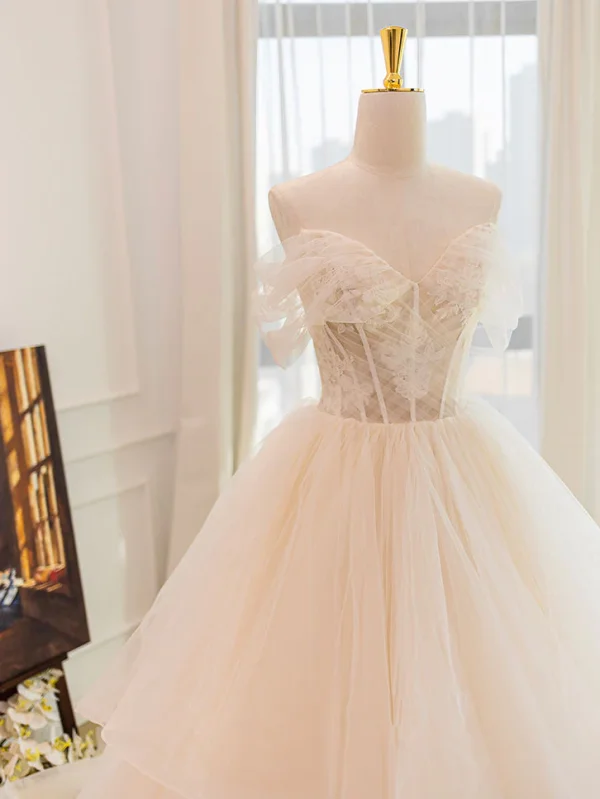 Charming Champagne Lace Flower Cascading Ruffles Wedding Dresses 2024 Ball Gown Strapless Sleeveless Backless Court Train