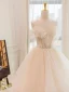 Charming Champagne Lace Flower Cascading Ruffles Wedding Dresses 2024 Ball Gown Strapless Sleeveless Backless Court Train