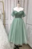 Modest / Simple Sage Green Rhinestone Homecoming Tea-length Graduation Dresses 2024 A-Line / Princess Spaghetti Straps Sleeveless Backless