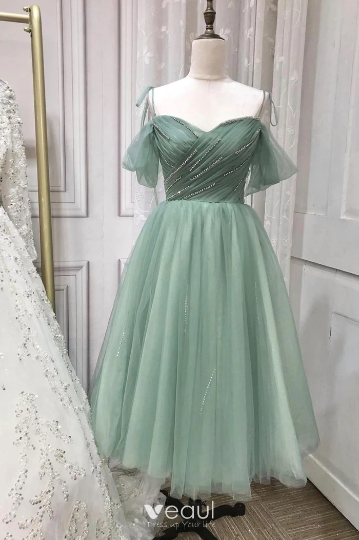 Modest / Simple Sage Green Rhinestone Homecoming Tea-length Graduation  Dresses 2024 A-Line / Princess Spaghetti Straps Sleeveless Backless