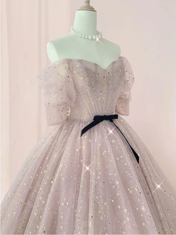 Charmant Rougissant Rose Étoile Paillettes Robe De Bal 2024 Robe Boule De l'épaule Manches Courtes Dos Nu Noeud Ceinture Longue Robe De Ceremonie
