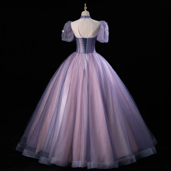 Elegant Lavender Beading Lace Flower Butterfly Appliques Prom Dresses 2023 Ball Gown High Neck Backless Puffy Short Sleeve Floor-Length / Long Prom
