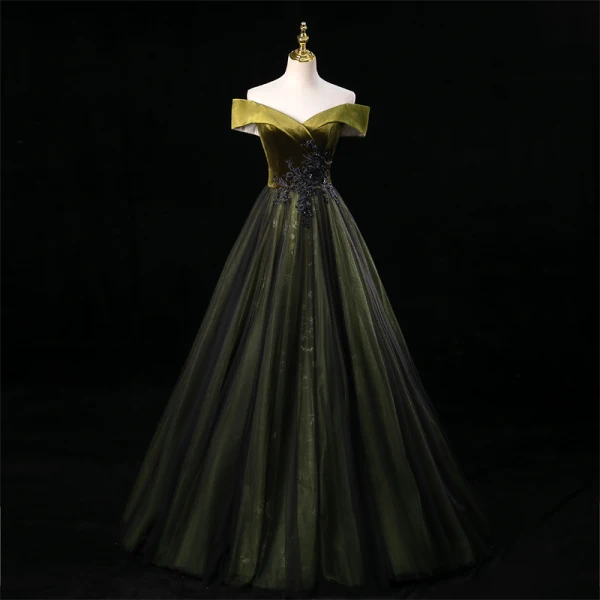 Vintage / Retro Dark Green Rhinestone Lace Flower Prom Dresses 2023 Ball Gown Off-The-Shoulder Sleeveless Backless Floor-Length / Long Prom Formal Dresses