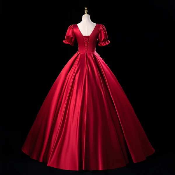 Elegant Burgundy Beading Rhinestone Sequins Lace Flower Prom Dresses 2023 Ball Gown Satin Square Neckline Short Sleeve Backless Floor-Length / Long Prom