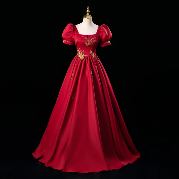 Elegant Burgundy Beading Sequins Prom Dresses Ball Gown 2023 Square Neckline Puffy Short Sleeve Backless Floor-Length / Long Prom Formal Dresses