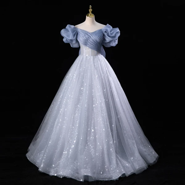 Bling Bling Bleu Ciel Paillettes Robe De Bal 2023 Robe Boule Volants De l'épaule Manches Courtes Dos Nu Longue Promo Robe De Ceremonie