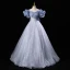 Bling Bling Bleu Ciel Paillettes Robe De Bal 2023 Robe Boule Volants De l'épaule Manches Courtes Dos Nu Longue Promo Robe De Ceremonie