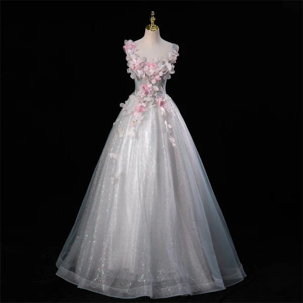 Flower Fairy Grey Sky Blue Beading Sequins Lace Flower Appliques Prom Dresses 2023 Ball Gown U-Neck Ankle Strap Sleeveless Backless Floor-Length / Long