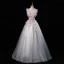 Flower Fairy Grey Sky Blue Beading Sequins Lace Flower Appliques Prom Dresses 2023 Ball Gown U-Neck Ankle Strap Sleeveless Backless Floor-Length / Long