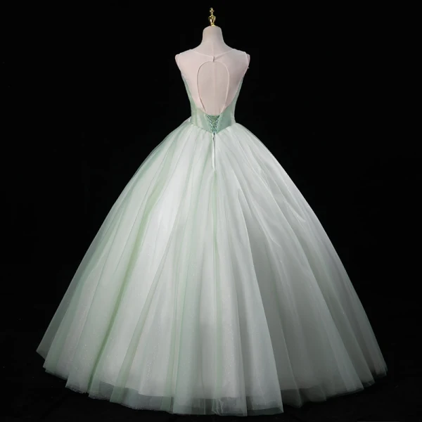 Fashion Sage Green Beading Sequins Prom Dresses 2023 Ball Gown Scoop Neck Sleeveless Backless Floor-Length / Long Formal Dresses
