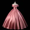 Chic / Beautiful Candy Pink Beading Satin Prom Dresses 2023 Ball Gown Off-The-Shoulder Sleeveless Backless Floor-Length / Long Prom Formal Dresses