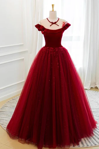 Chic Belle Couleur Unie Rouge Faux Diamant Paillettes Appliques Robe De Bal 2024 Princesse Encolure Dégagée Sans Manches Longue Robe De Ceremonie
