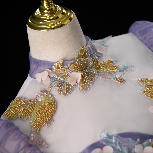 Elegant Lavender Beading Lace Flower Butterfly Appliques Prom Dresses 2023 Ball Gown High Neck Backless Puffy Short Sleeve Floor-Length / Long Prom