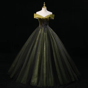 Vintage Retro Dark Green Rhinestone Lace Flower Prom Dresses 2023 Ball Gown Off The Shoulder Sleeveless Backless Floor Length Long Prom Formal Dresses