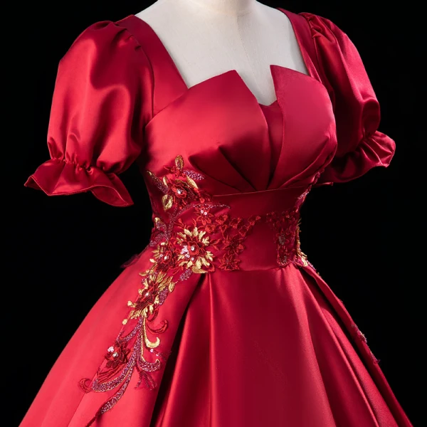 Elegant Burgundy Beading Rhinestone Sequins Lace Flower Prom Dresses 2023 Ball Gown Satin Square Neckline Short Sleeve Backless Floor-Length / Long Prom