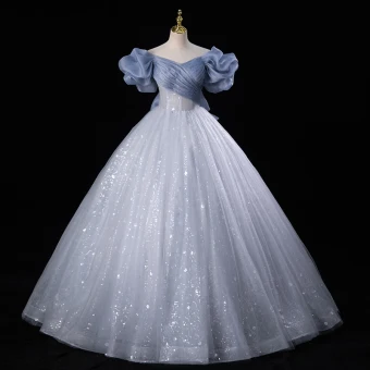 Bling Bling Sky Blue Sequins Prom Dresses 2023 Ball Gown Ruffle Off The Shoulder Short Sleeve Backless Floor Length Long Prom Formal Dresses