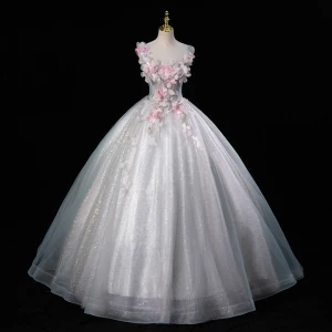 Fée Des Fleurs Gris Bleu Ciel Perlage Paillettes En Dentelle Fleur Appliques Robe De Bal 2023 Robe Boule U Cou Bride Cheville Sans Manches Dos Nu Longue