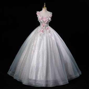 Flower Fairy Grey Sky Blue Beading Sequins Lace Flower Appliques Prom Dresses 2023 Ball Gown U Neck Ankle Strap Sleeveless Backless Floor Length Long