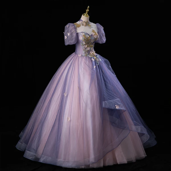 Elegant Lavender Beading Lace Flower Butterfly Appliques Prom Dresses 2023 Ball Gown High Neck Backless Puffy Short Sleeve Floor-Length / Long Prom